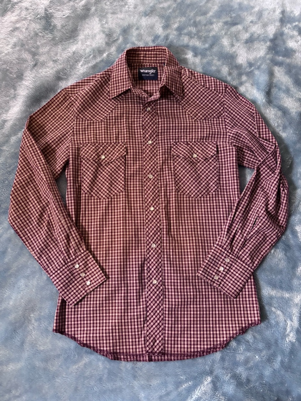 Wrangler Mens S Burgundy Check Plaid Pearl Snap Western Cowboy Shirt Long Sleeve